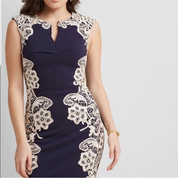 London Dress Company Navy Cream Lace Cap Sleeve Bodycon Mini Dress Size 4 - Picture 9 of 16